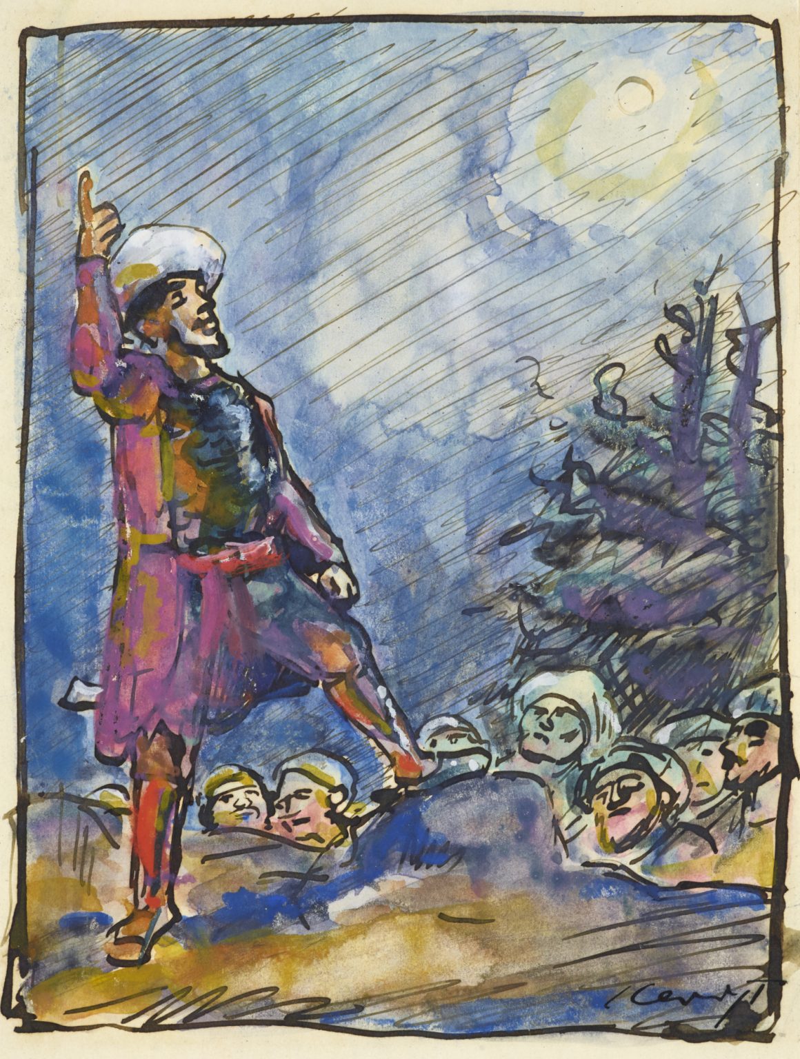 Max Slevogt, Der Hauptmann spricht zu den Räubern (Ali Baba), um 1898-1903, Gouache über Feder in Tusche, Deckweißhöhungen, Foto: Tom Gundelwein